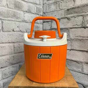 Coleman Vintage 70s Water Jug Cooler Drink Dispenser Orange 1 Gallon With Cup